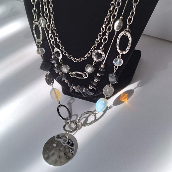 2 in 1 Multi-layered Opalite Silver Toned Chain Necklace - Picture 2 of 4